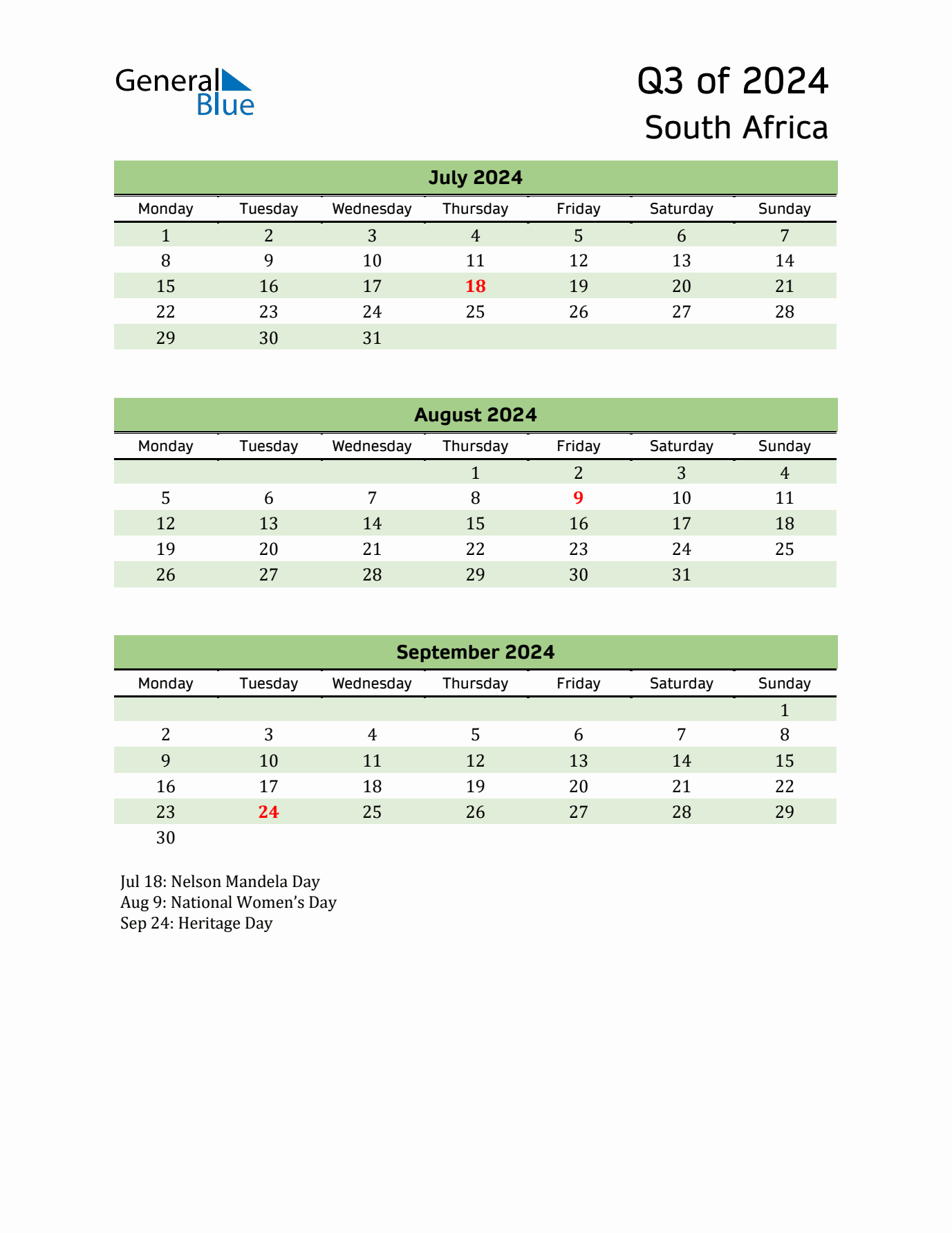 Quarterly Calendar 2024 with South Africa Holidays