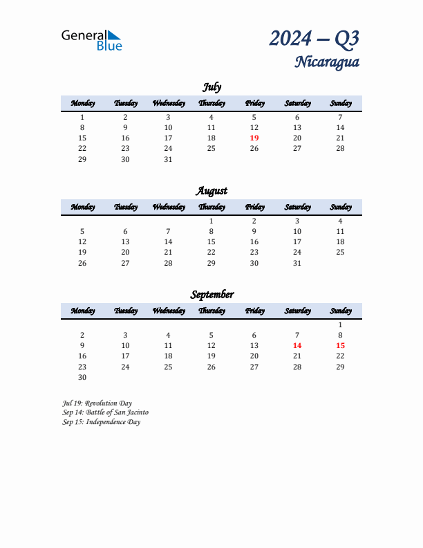 July, August, and September Calendar for Nicaragua with Monday Start