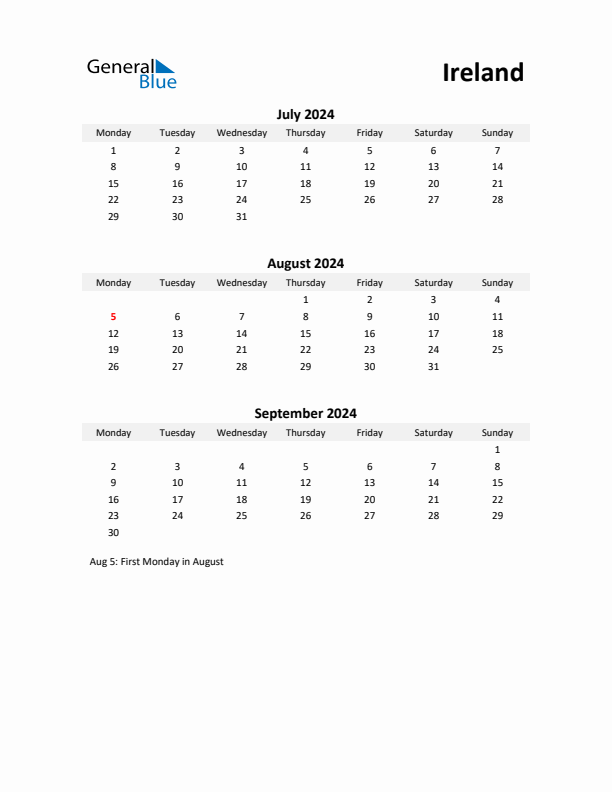 Printable Quarterly Calendar with Notes and Ireland Holidays- Q3 of 2024