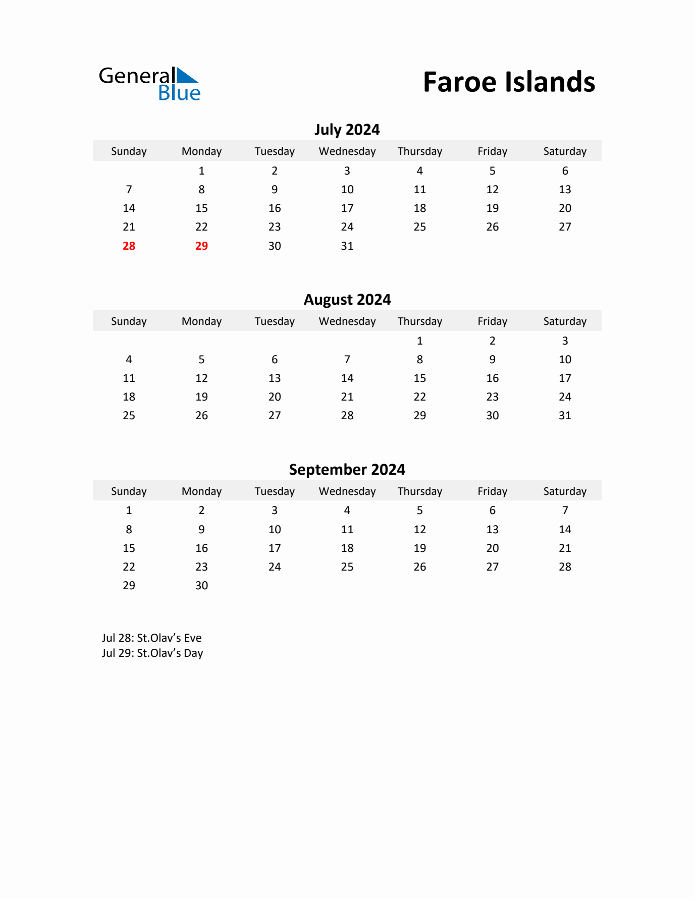 Printable Quarterly Calendar with Notes and Faroe Islands Holidays- Q3 of 2024