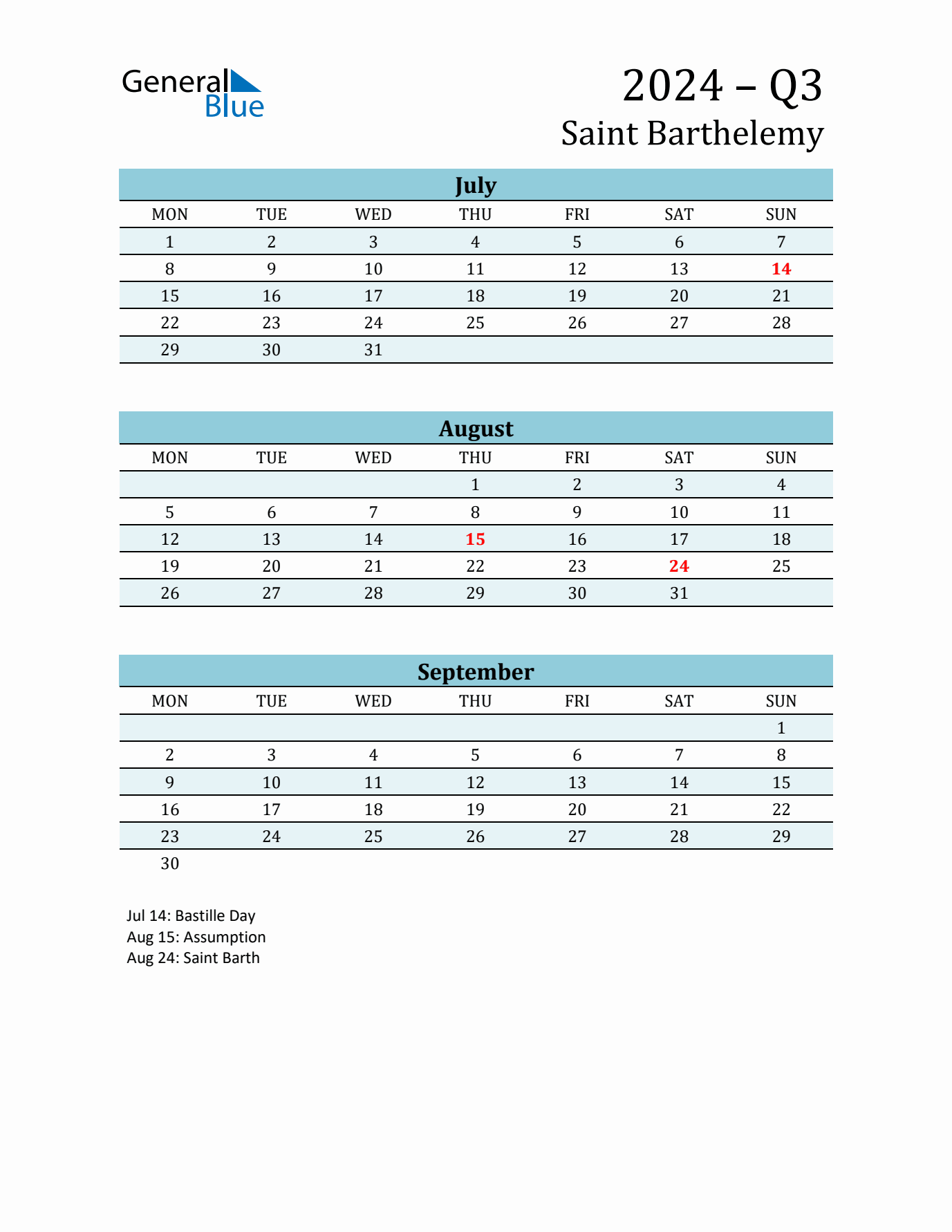 Three-Month Planner for Q3 2024 with Holidays - Saint Barthelemy