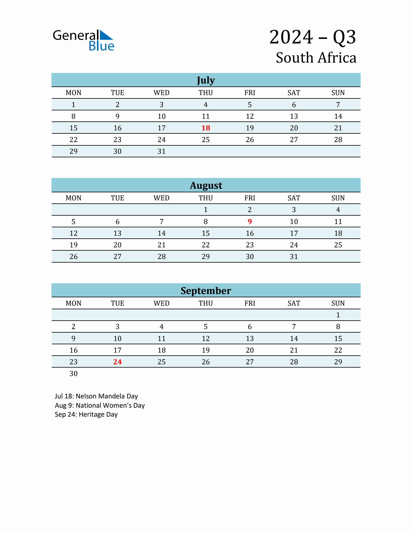 Three-Month Planner for Q3 2024 with Holidays - South Africa