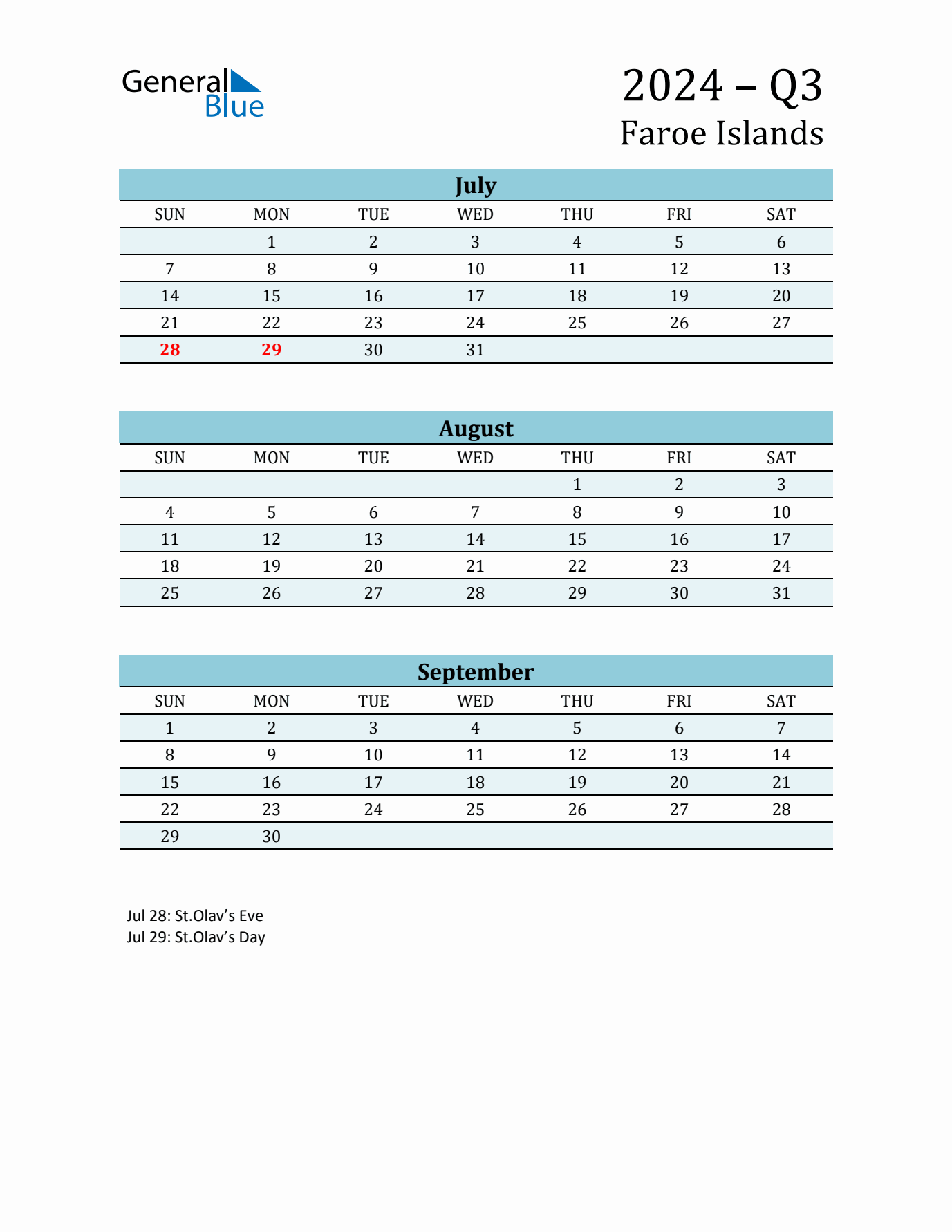 Three-Month Planner for Q3 2024 with Holidays - Faroe Islands