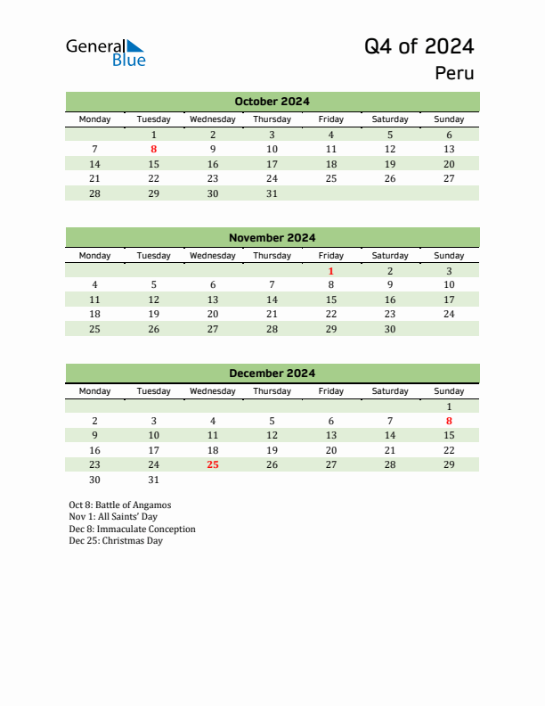 Quarterly Calendar 2024 with Peru Holidays