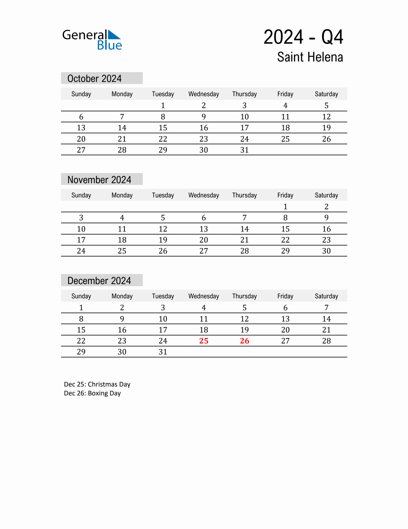 Saint Helena Quarter 4 2024 Calendar with Holidays