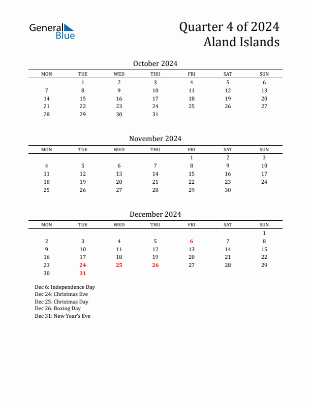 Quarter 4 2024 Aland Islands Quarterly Calendar
