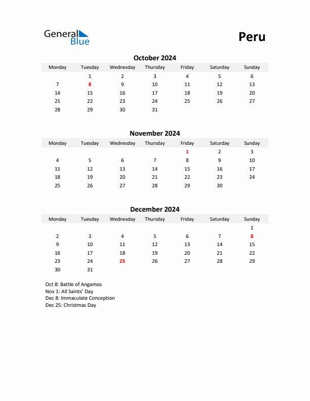 Printable Quarterly Calendar with Notes and Peru Holidays- Q4 of 2024