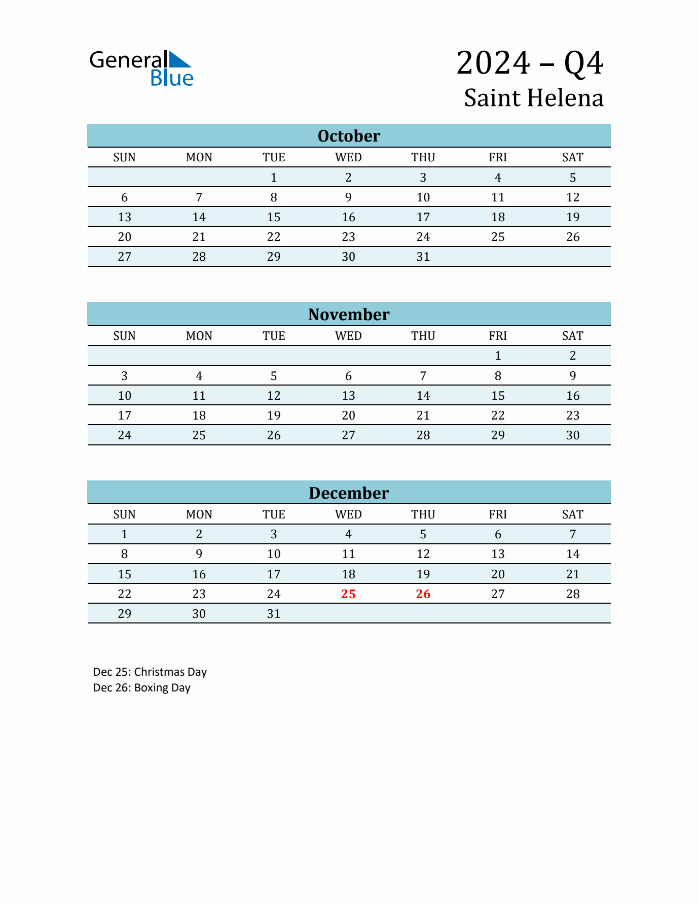 Three-Month Planner for Q4 2024 with Holidays - Saint Helena