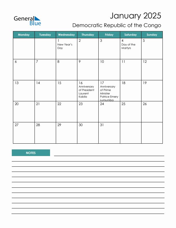 Calendar with Notes Printable - Monday Start
