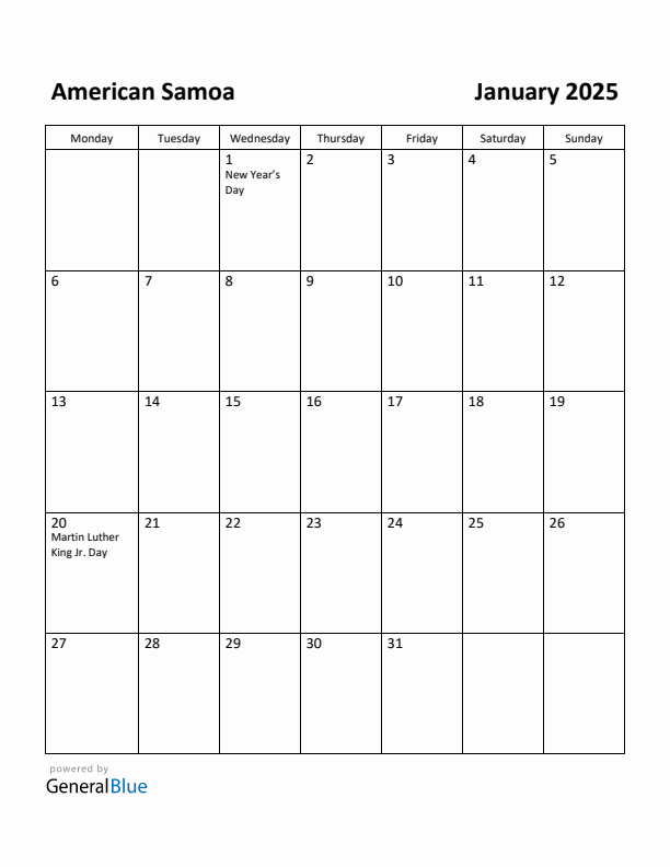 January 2025 Calendar with American Samoa Holidays