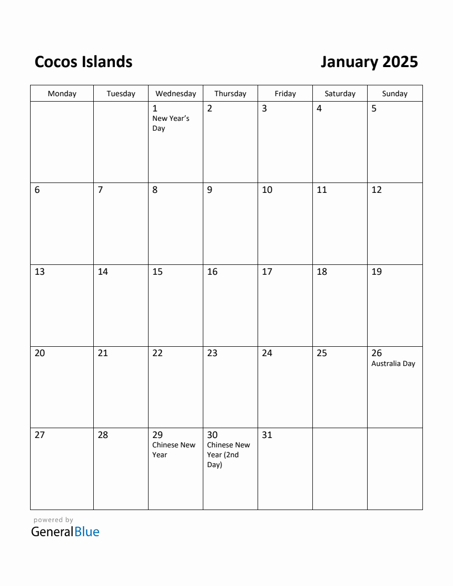 Free Printable January 2025 Calendar for Cocos Islands