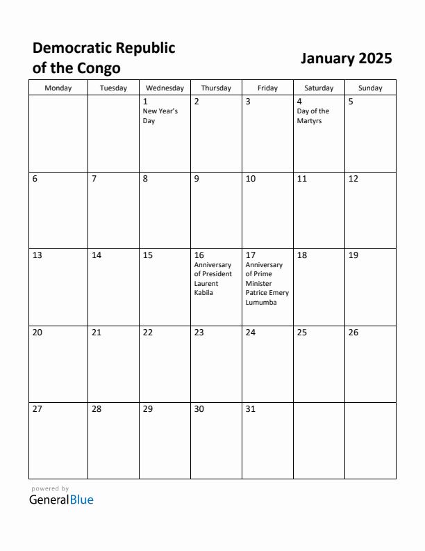 January 2025 Calendar with Democratic Republic of the Congo Holidays