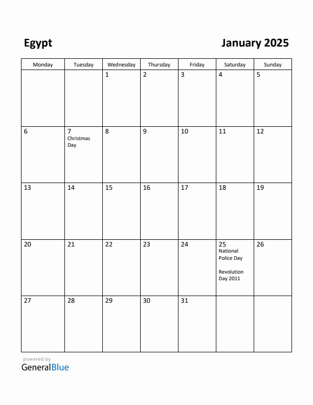 January 2025 Calendar with Egypt Holidays