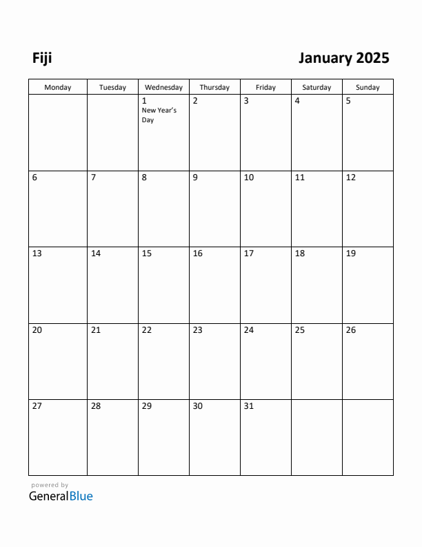 January 2025 Calendar with Fiji Holidays