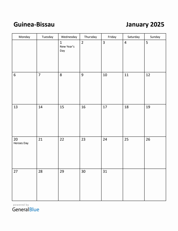 January 2025 Calendar with Guinea-Bissau Holidays