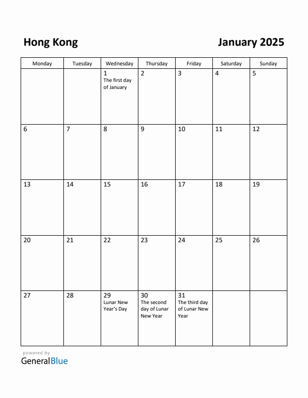 January 2025 Calendar with Hong Kong Holidays