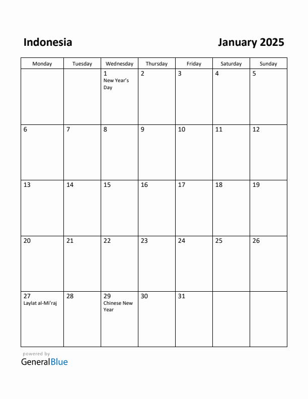 January 2025 Calendar with Indonesia Holidays