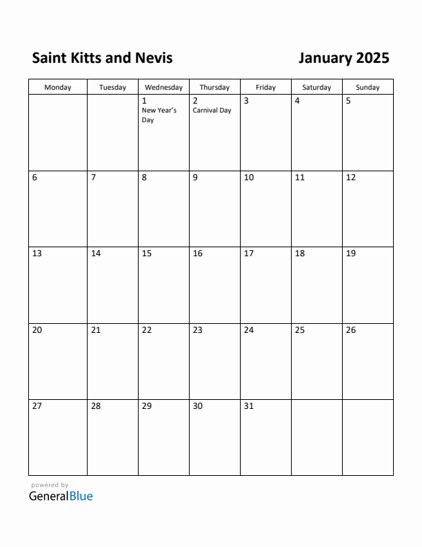 January 2025 Calendar with Saint Kitts and Nevis Holidays