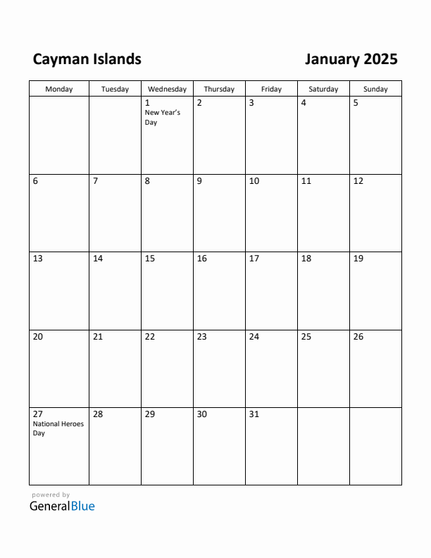 January 2025 Calendar with Cayman Islands Holidays