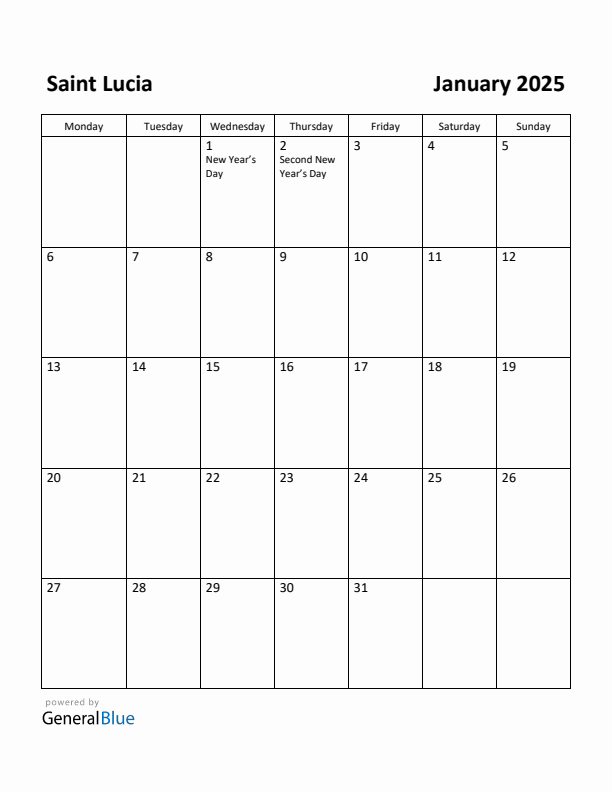 January 2025 Calendar with Saint Lucia Holidays