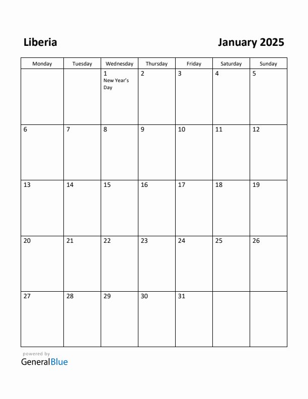 January 2025 Calendar with Liberia Holidays