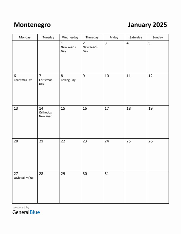 January 2025 Calendar with Montenegro Holidays
