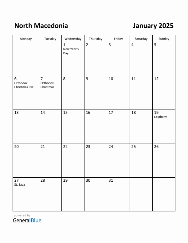 January 2025 Calendar with North Macedonia Holidays