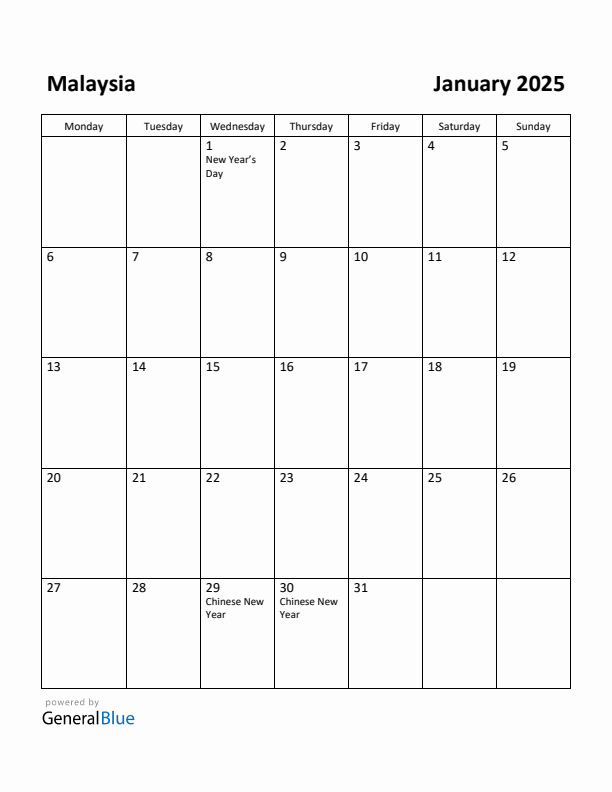 January 2025 Calendar with Malaysia Holidays