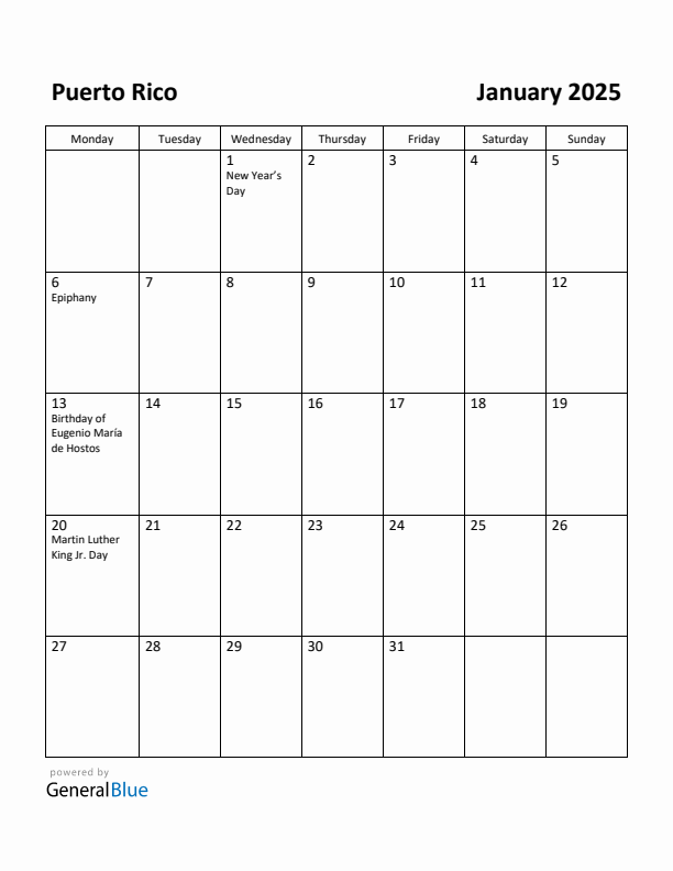 January 2025 Calendar with Puerto Rico Holidays