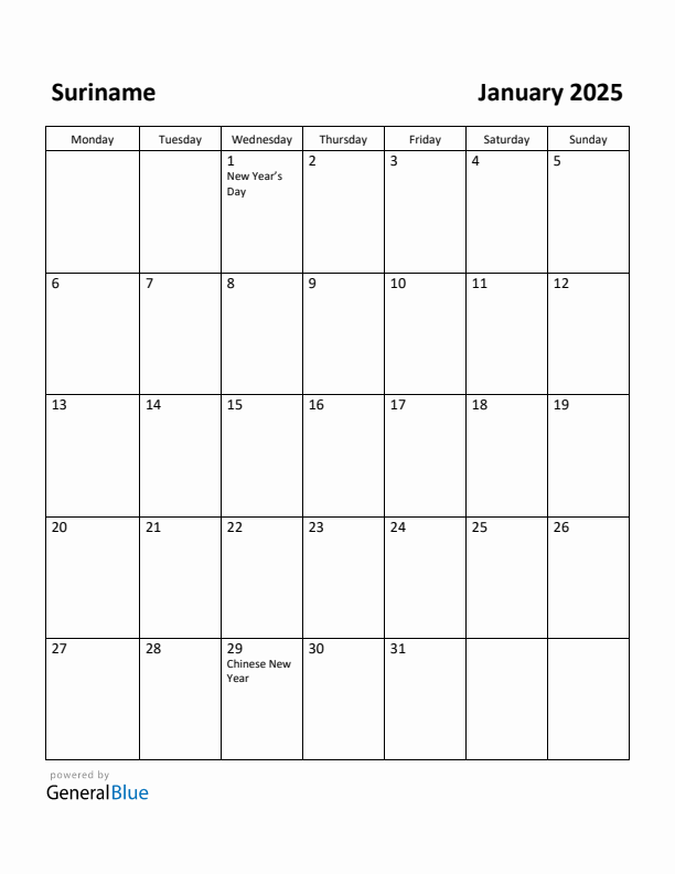 January 2025 Calendar with Suriname Holidays