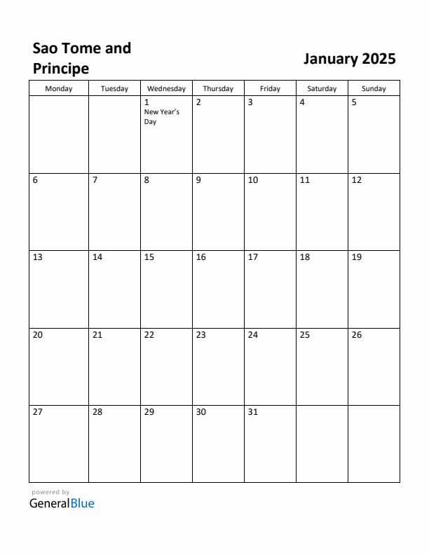 January 2025 Calendar with Sao Tome and Principe Holidays