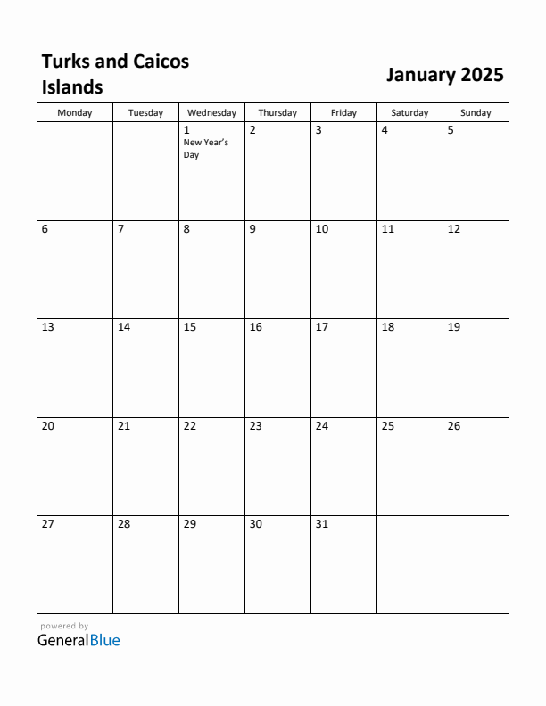 January 2025 Calendar with Turks and Caicos Islands Holidays