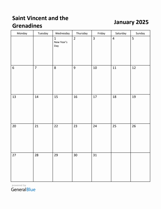 January 2025 Calendar with Saint Vincent and the Grenadines Holidays