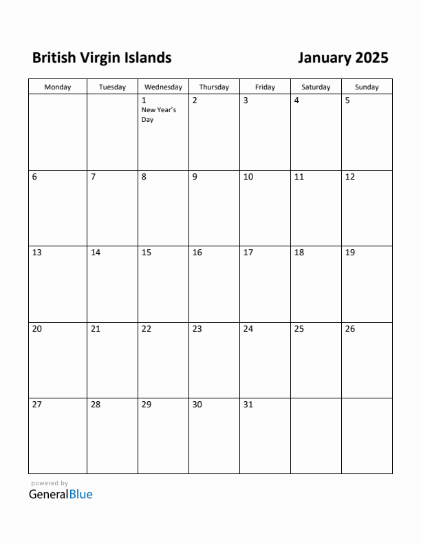 January 2025 Calendar with British Virgin Islands Holidays