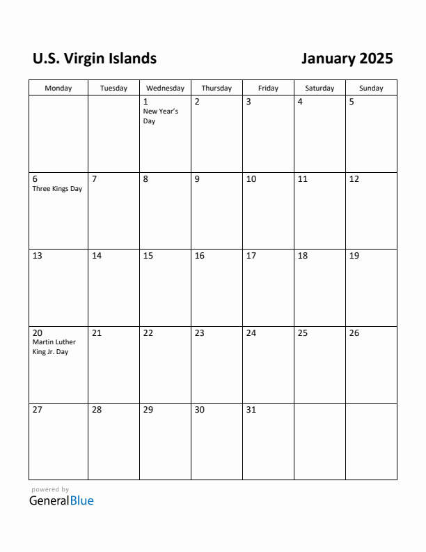 January 2025 Calendar with U.S. Virgin Islands Holidays