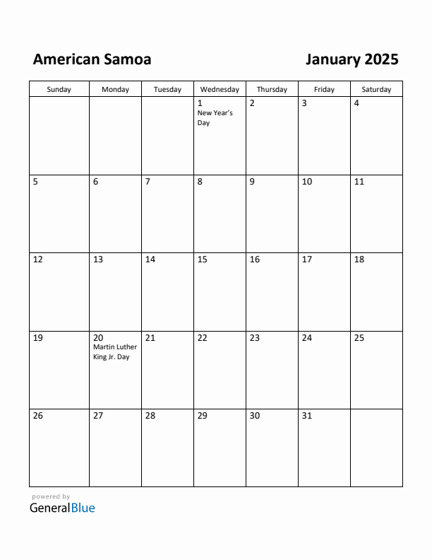 January 2025 Calendar with American Samoa Holidays
