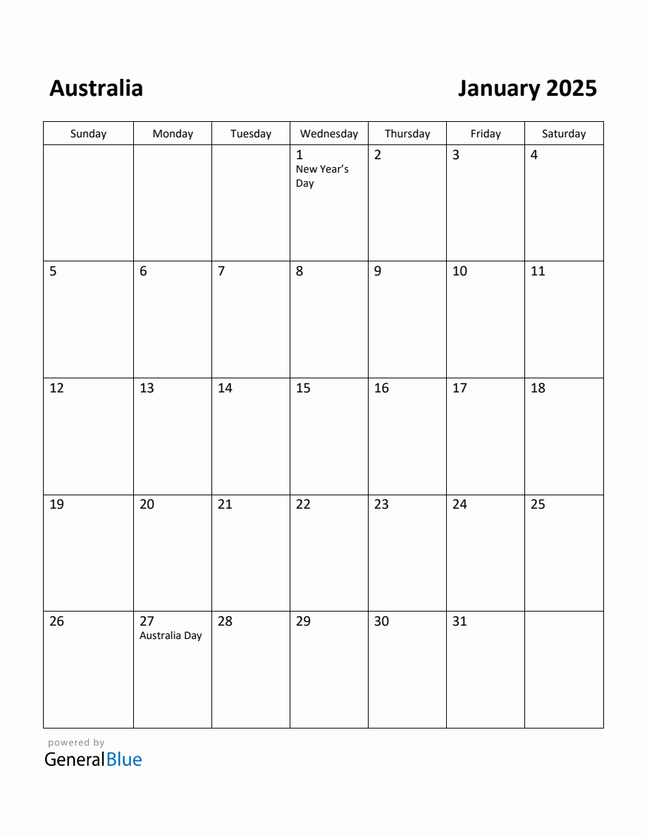 Free Printable January 2025 Calendar For Australia