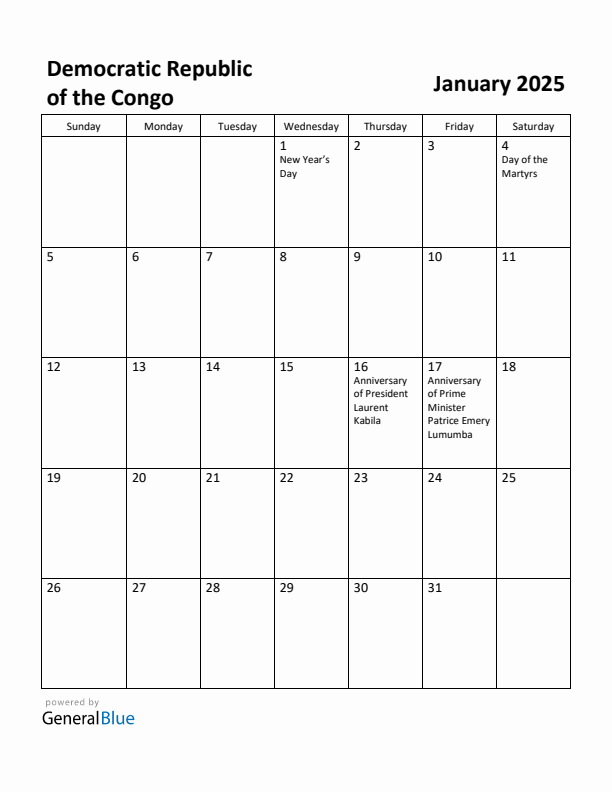 January 2025 Calendar with Democratic Republic of the Congo Holidays