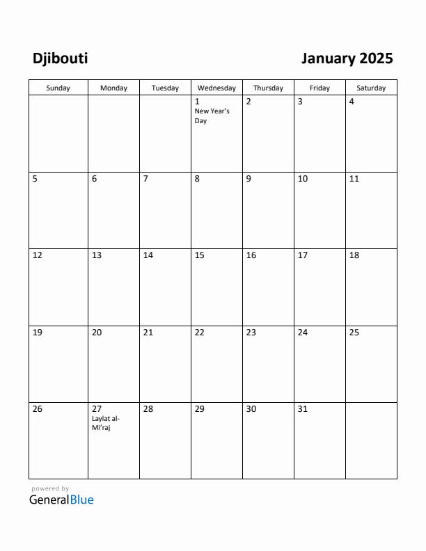 January 2025 Calendar with Djibouti Holidays