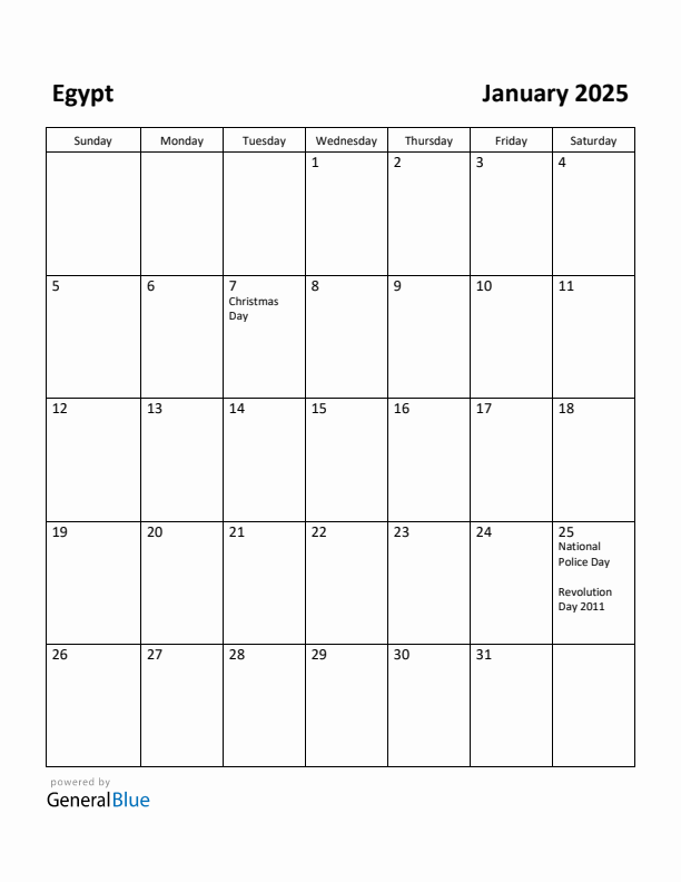 January 2025 Calendar with Egypt Holidays