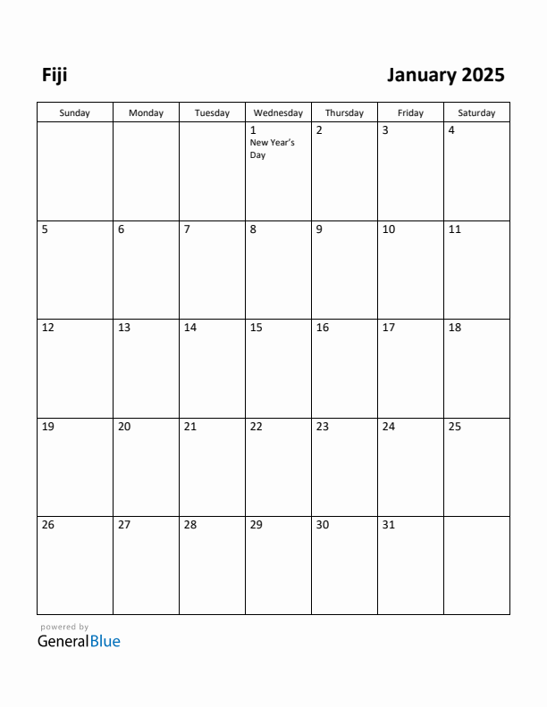 January 2025 Calendar with Fiji Holidays