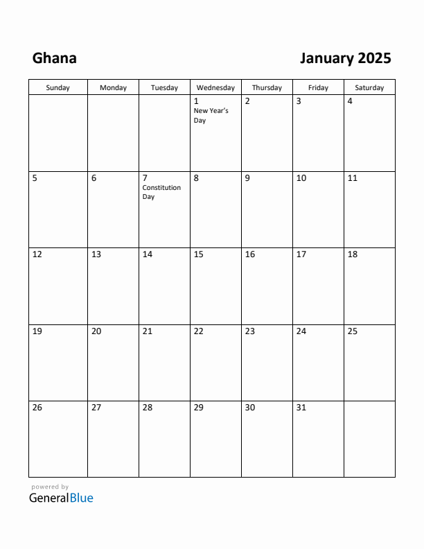 January 2025 Calendar with Ghana Holidays