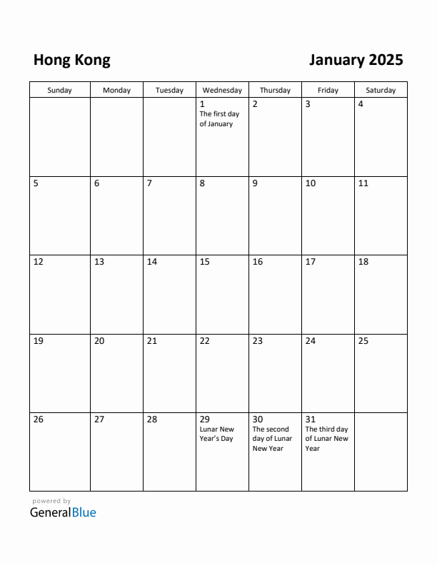 January 2025 Calendar with Hong Kong Holidays