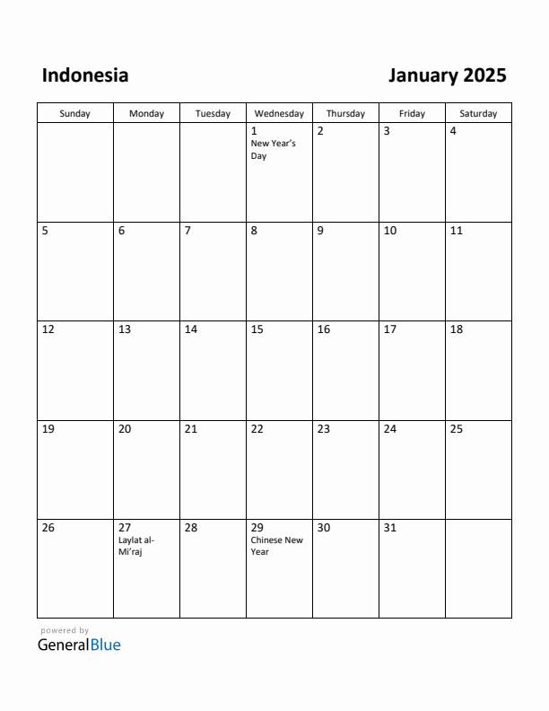 January 2025 Calendar with Indonesia Holidays