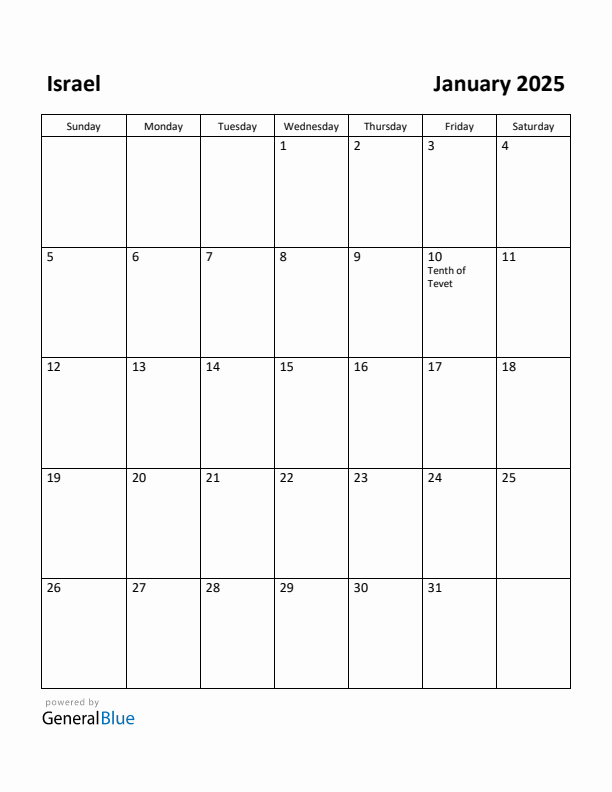 January 2025 Calendar with Israel Holidays