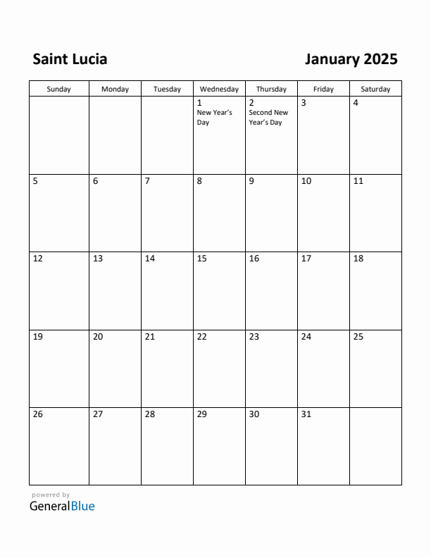 January 2025 Calendar with Saint Lucia Holidays