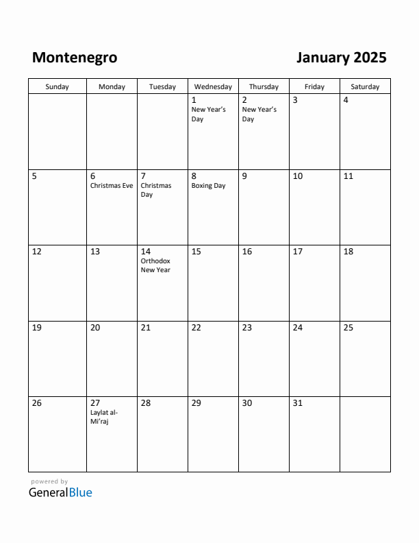 January 2025 Calendar with Montenegro Holidays