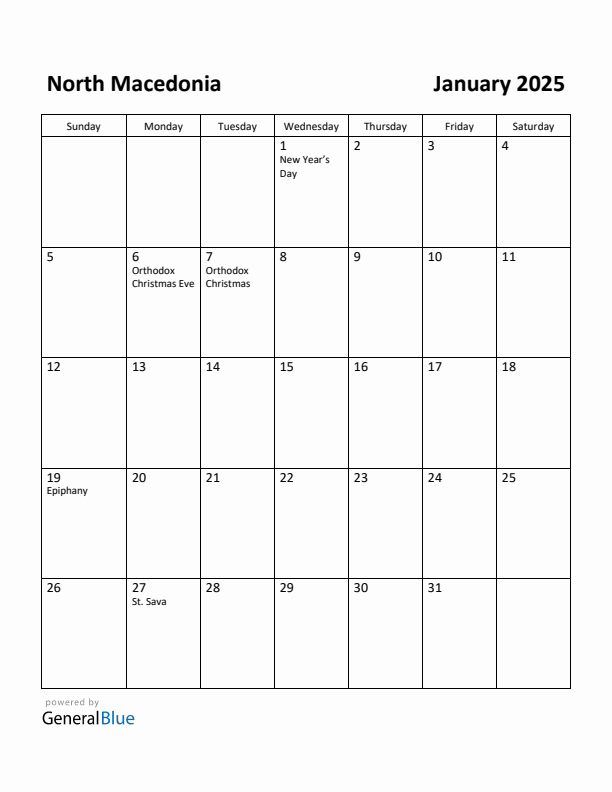 January 2025 Calendar with North Macedonia Holidays