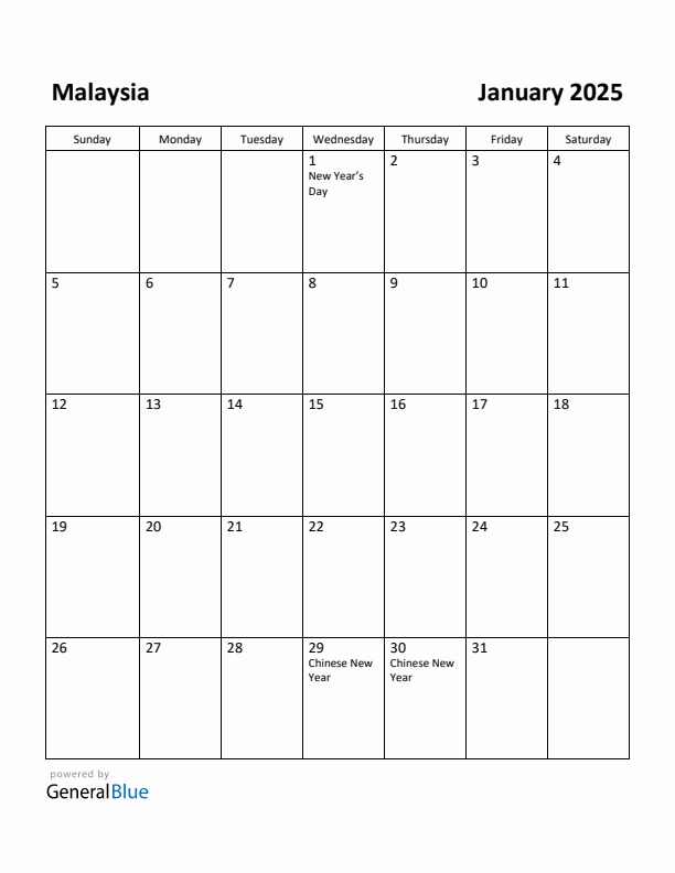 January 2025 Calendar with Malaysia Holidays