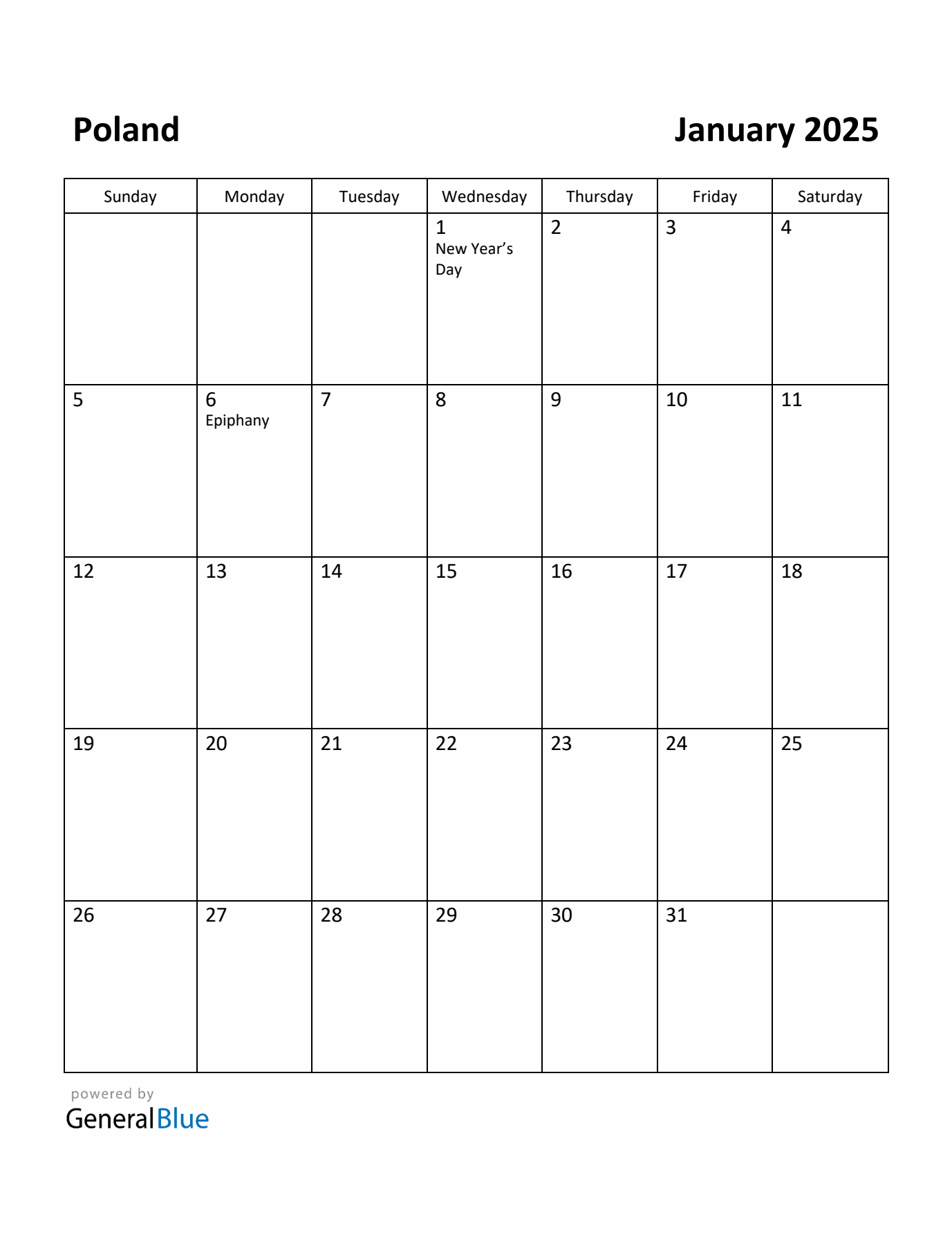 January 2025 Calendar with Poland Holidays